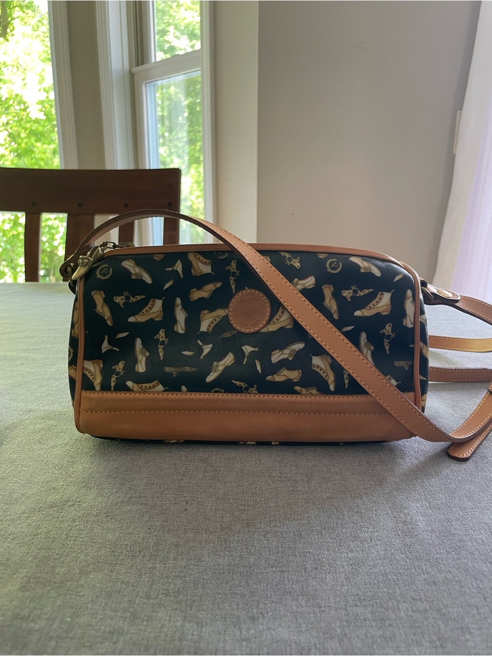 Vintage Pollini Shoe Print Crossbody Bag with Tan Trim